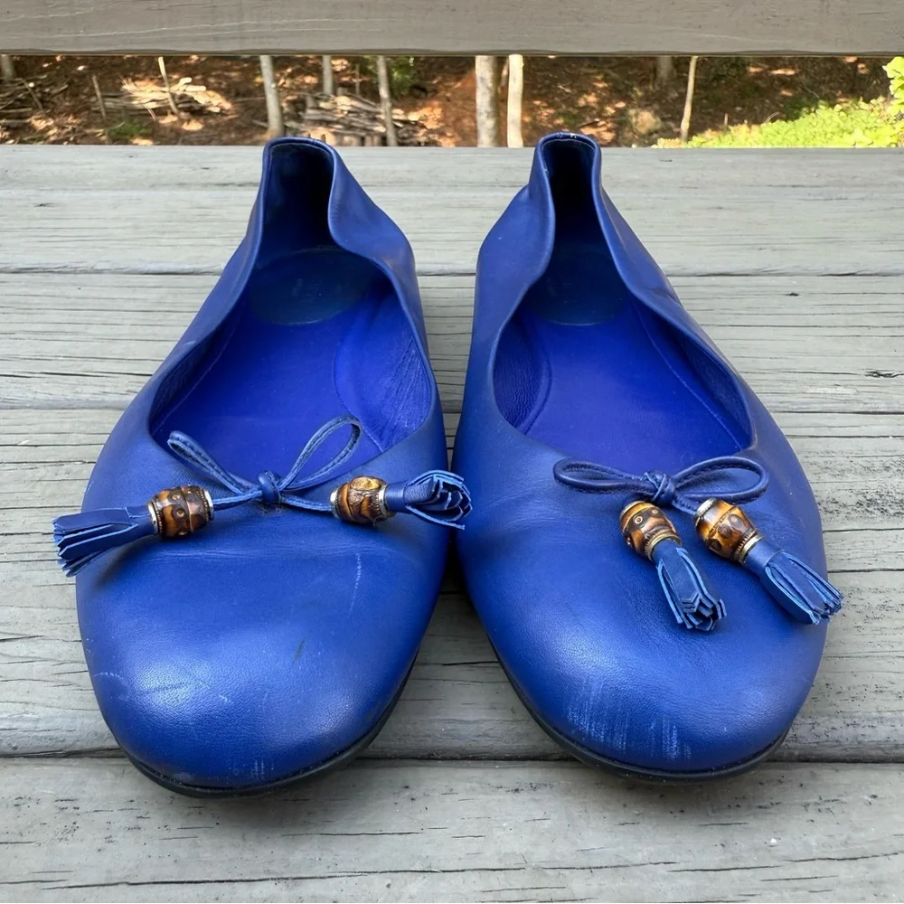 Gucci Blue Leather Bamboo Bow Ballet Flats Size 40 - Picture 3 of 16